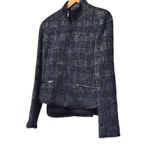 Tweed & Leather Moto Jacket Black Zip Front Size Small